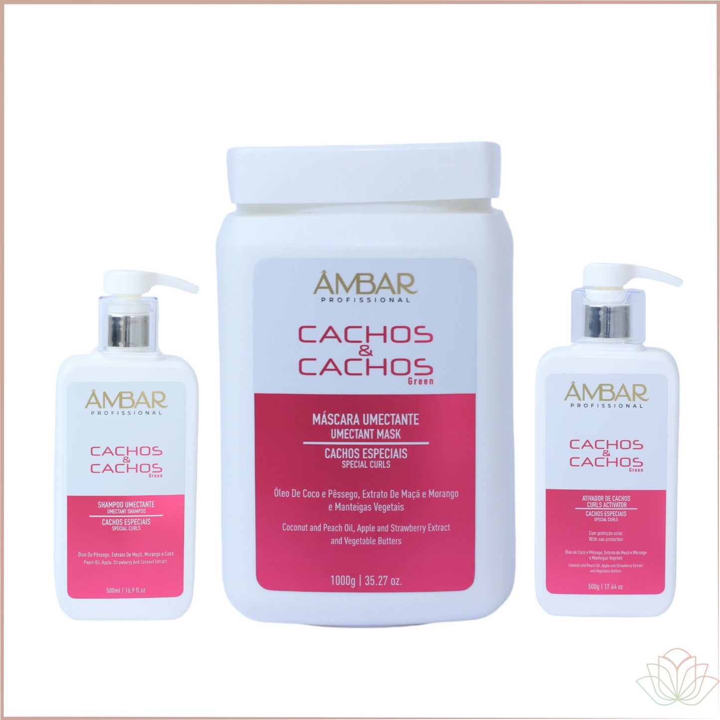 Kit Profissional Cachos e Cachos Ambar 3 itens
Combo Cachos e Cachos
Shampoo, Máscara e Ativador
- Ativos: Extrato de Maçã, Coco e Morango, Manteigas vegetais, Óleo de Pêssego e Coco.
- Principais Benefícios: Definição dos cachos; Volume controlado; Antifrizz; Nutrição