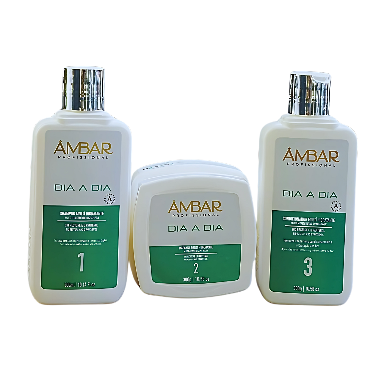 Kit Ambar Profissional Dia a Dia Hidratação Equilíbrio hídrico dos fios, trazendo suavidade, leveza e brilho.