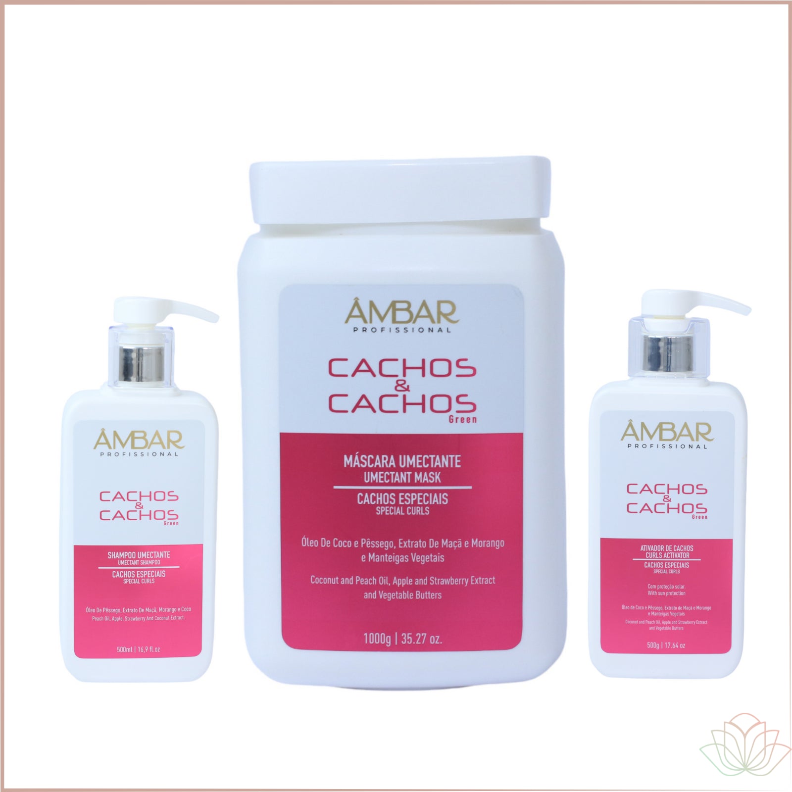 Kit Profissional Cachos e Cachos Ambar 3 itens

Combo Cachos e Cachos

Shampoo, Máscara e Ativador

- Ativos: Extrato de Maçã, Coco e Morango, Manteigas vegetais, Óleo de Pêssego e Coco.



- Principais Benefícios: Definição dos cachos; Volume controlado; Antifrizz; Nutrição